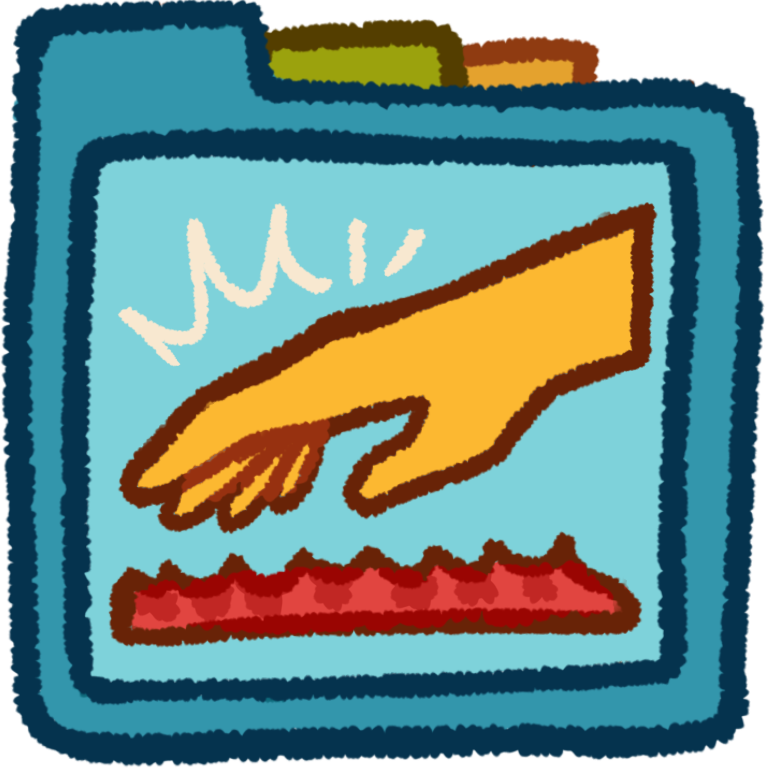 a yellow hand touching a red rectangle with a small spike-like shapes on it.